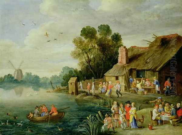 River Landscape with Gentry at a Village Inn Oil Painting by Jan van Kessel