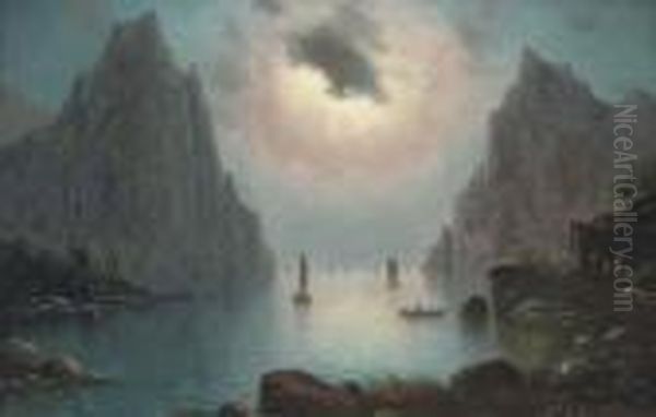 Vessels On A Fjord By Moonlight Oil Painting by Nils Hans Christiansen