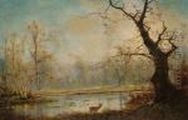 Woodland Lake Scene, With A Stag In The Foreground Oil Painting by Nils Hans Christiansen