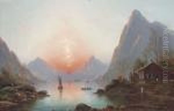 A Fjord At Sunset; And A Winter Fjord Scene Oil Painting by Nils Hans Christiansen