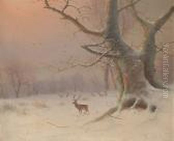 Stags In A Winter Landscape And A Companion Oil Painting by Nils Hans Christiansen