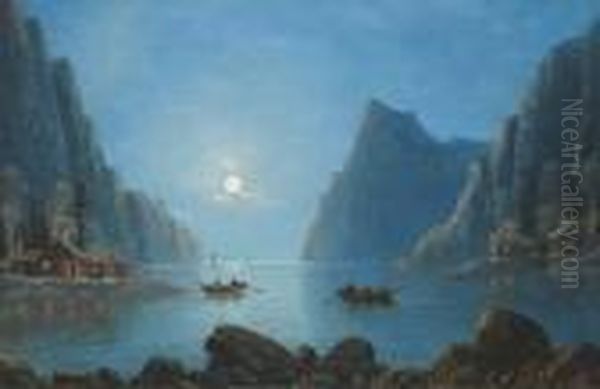 Rowing On A Fjord At Dusk; And Rowing On A Fjord By Moonlight Oil Painting by Nils Hans Christiansen