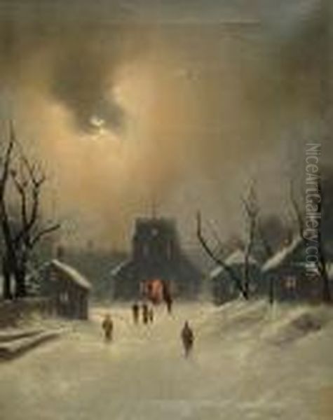 Figures In A Winter Landscape With Church Beyond; & A Companion Oil Painting by Nils Hans Christiansen