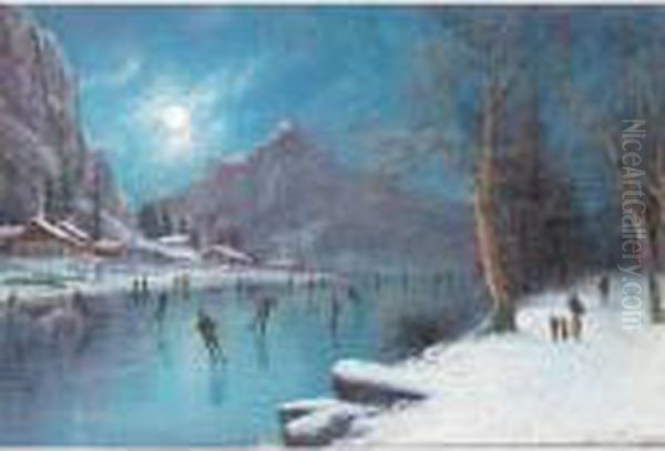 Skaters On A Frozen Lake By Moonlight Oil Painting by Nils Hans Christiansen