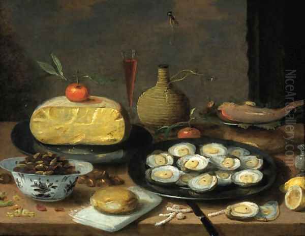 A breakfast still life of oysters on a pewter plate, a half cheese, bread, hazelnuts, chestnuts, lemons, mandarins, a fish, a pepper pot Oil Painting by Jan van Kessel