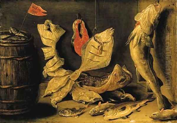 Plaice, skate and other fish beside a barrel Oil Painting by Jan van Kessel