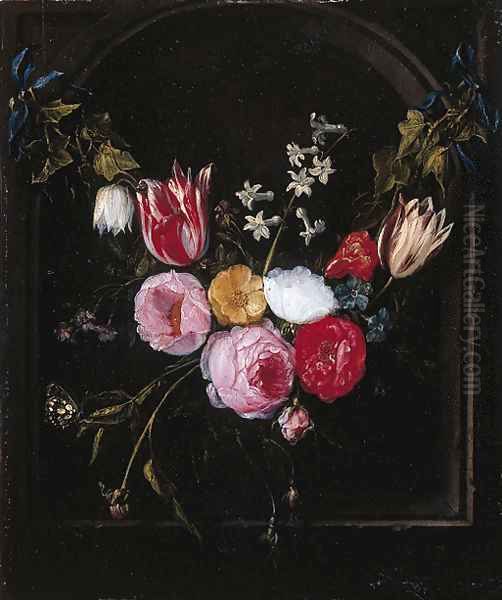 A swag of roses, tulips, an anemone and other flowers with a butterfly at a feigned stone niche Oil Painting by Jan van Kessel