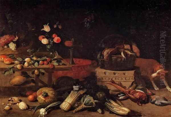 Interior of a Kitchen with a Dog Oil Painting by Jan van Kessel