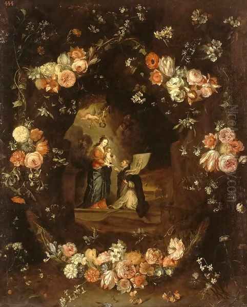 Madonna with the Child and St Ildephonsus Framed with a Garland of Flowers Oil Painting by Jan van Kessel