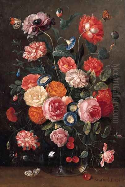 Roses, carnations, morning glory, a poppy and a sprig of cherries in a glass vase, a wall brown, an orange tip Oil Painting by Jan van Kessel