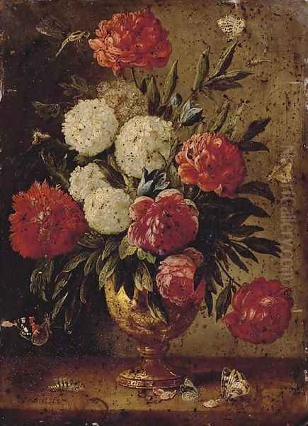 Roses, carnations, morning-glory and other flowers with ants in a gold sculpted urn, with a caterpillar and butterflies on a wooden ledge Oil Painting by Jan van Kessel