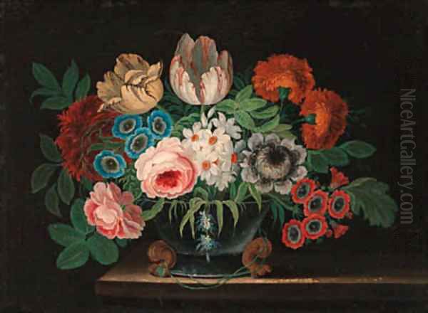 Summer flowers in a vase on a ledge Oil Painting by Jan van Kessel