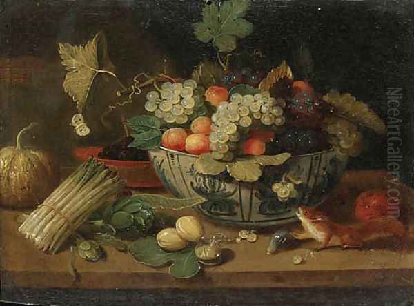 A bowl of fruit, a bundle of asparagus, an artichoke, a bowl of figs, a squirrel, a melon and a sprig of plums on a ledge Oil Painting by Jan van Kessel