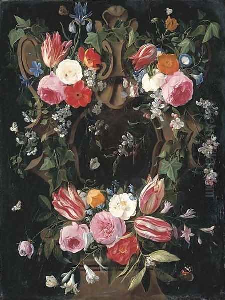 A garland of tulips, roses, morning glory, an iris, clematis and other flowers surrounding a sculpted stone cartouche with a red admiral Oil Painting by Jan van Kessel