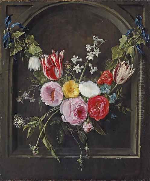 A swag of flowers hanging in a niche Oil Painting by Jan van Kessel