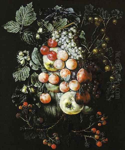 A swag of fruit hanging from a nail against a wall Oil Painting by Jan van Kessel