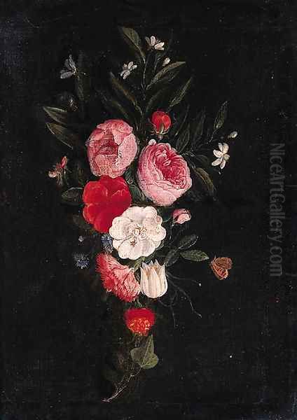 A swag of roses, carnations and other flowers - a fragment Oil Painting by Jan van Kessel