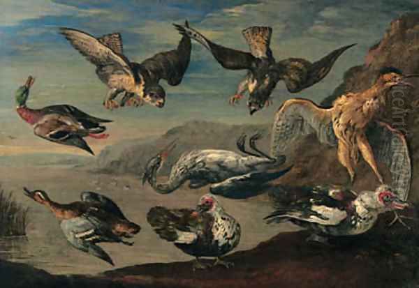 Birds of prey attacking herons and ducks by a pond Oil Painting by Jan van Kessel