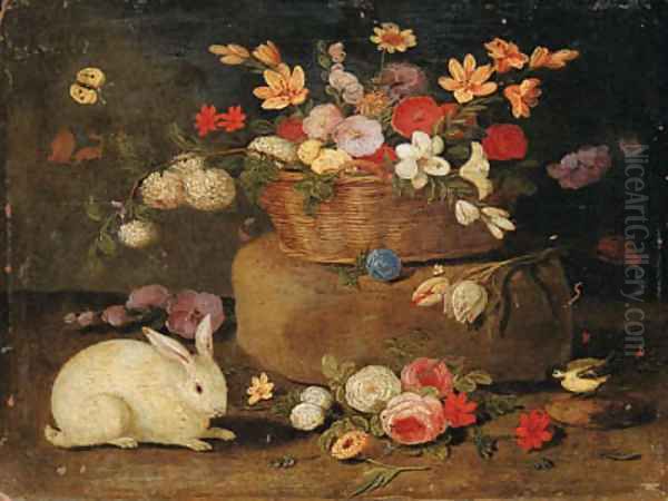 Roses, dahlias, paeonies, tulips and other flowers in a basket on a stone seat, with a white rabbit, a great tit and a butterfly Oil Painting by Jan van Kessel