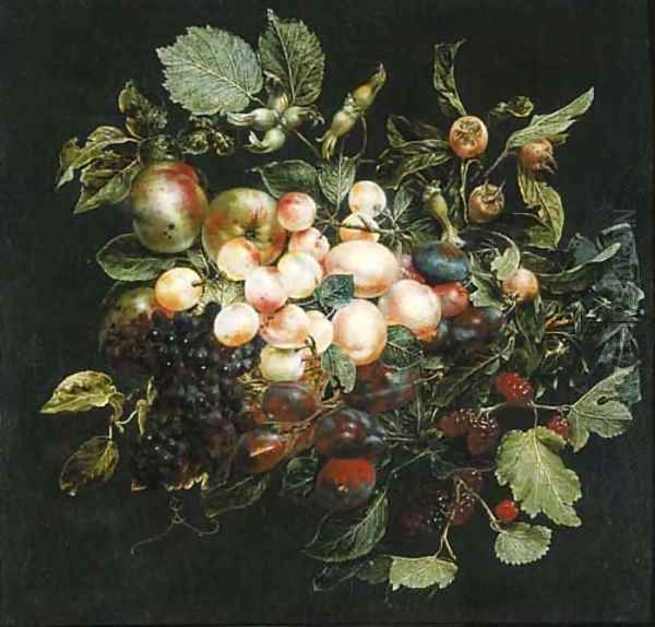 A swag of fruit hanging from a nail against a grey wall Oil Painting by Jan van Kessel