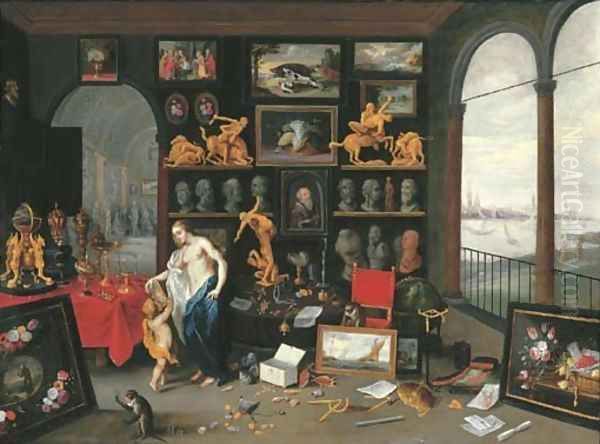 An Allegory of Sight a collector's cabinet, a view of Antwerp beyond Oil Painting by Jan van Kessel