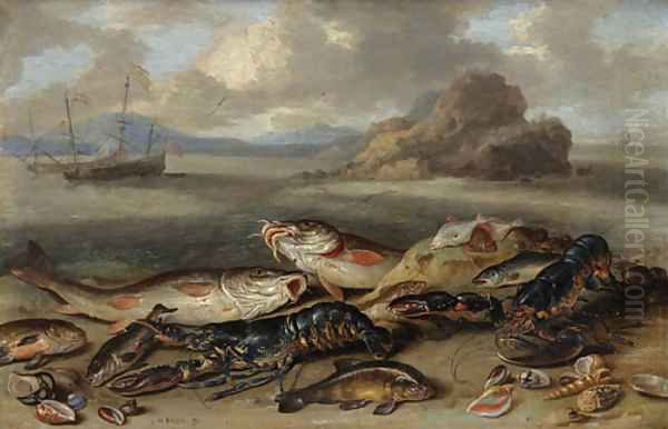 Lobsters, red mullet, halibut, flounder and other fish, with sea shells on a beach, shipping beyond Oil Painting by Jan van Kessel