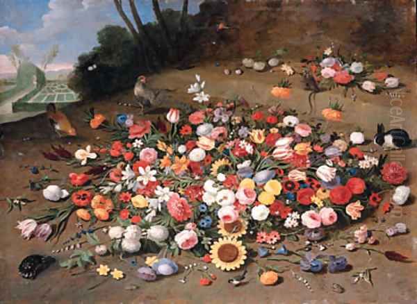 Parrot tulips, roses, sunflowers, lilies, dahlias, poppies, cornflowers, narcissi, daffodils, irises and other flowers, with chickens, a tortoise Oil Painting by Jan van Kessel