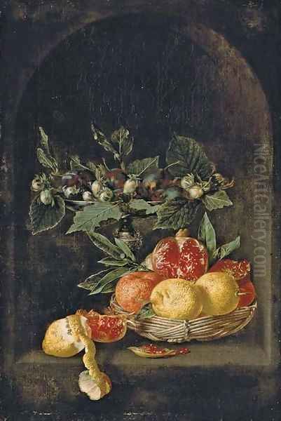 Plums and hazelnuts on a tazza, with lemons, oranges and a pomegranate in a basket on a table, with a partly-peeled lemon and a pomegranate segment Oil Painting by Jan van Kessel