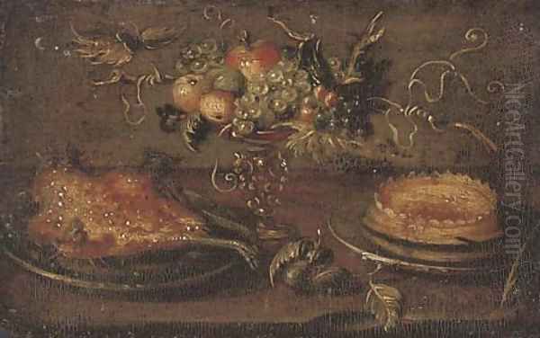 A roast on a platter, a cake, an apple, a pear, peaches and grapes in a tazza on a stone ledge Oil Painting by Jan van Kessel