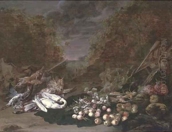 A swan, a mallard, a bittern, rabbits and fruits and vegetables, a landscape beyond Oil Painting by Jan van Kessel