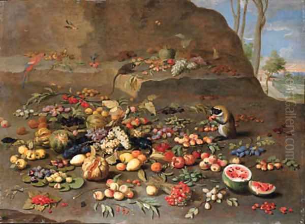 Apples, peaches, oranges, melons, pomegranates, plums, cherries, figs, grapes, pears, a water melon and other fruit on a hillside with monkeys Oil Painting by Jan van Kessel