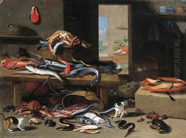 Cats chasing eel, octopus, crab falling from an upturned basket, with a crayfish, sturgeon and other fish on a table nearby Oil Painting by Jan van Kessel