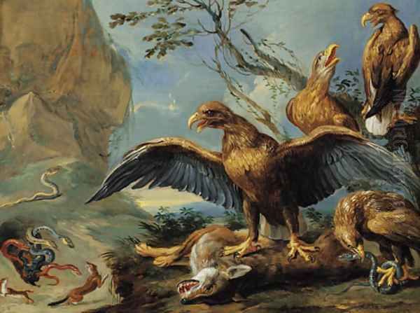 Eagles and serpents attacking foxes Oil Painting by Jan van Kessel