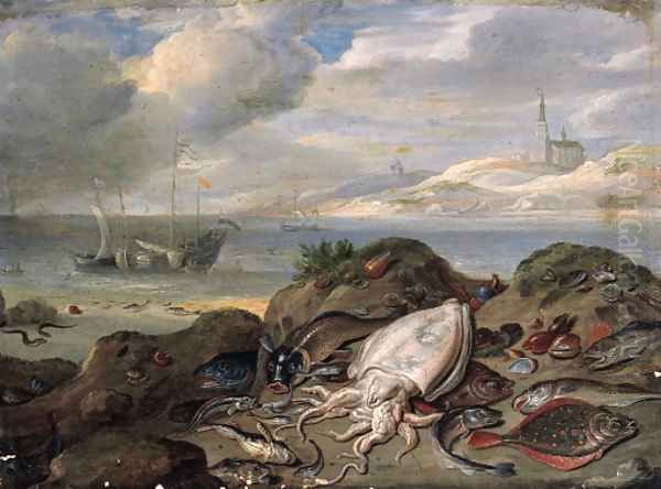 Cuttle-fish, plaice, cod, oysters, mussels and other fish on a dune, a river estuary with shipping beyond Oil Painting by Jan van Kessel