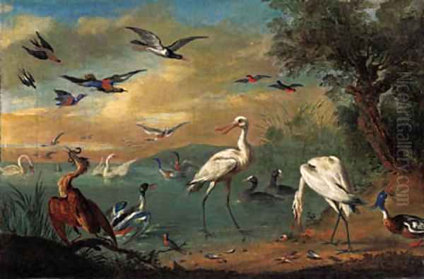 Two spoonbills, a heron, swans, moorhens, bullfinches, kingfishers, a swallow and other birds in a coastal landscape Oil Painting by Jan van Kessel