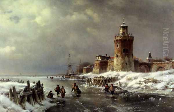 A Frozen River Landscape Oil Painting by Lodewijk Johannes Kleijn