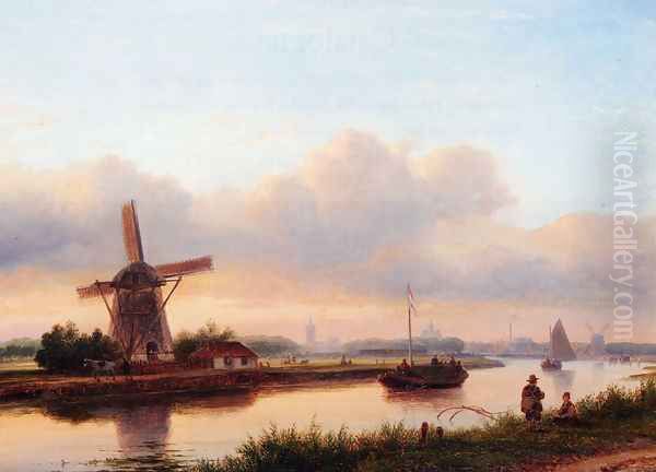 A Panoramic Summer Landscape With Barges On The Trekvliet, The Hague In The Distance Oil Painting by Lodewijk Johannes Kleijn