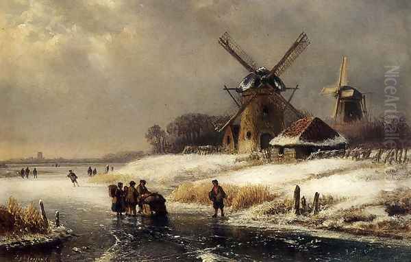 Figures On A Frozen Waterway By A Windmill Oil Painting by Lodewijk Johannes Kleijn