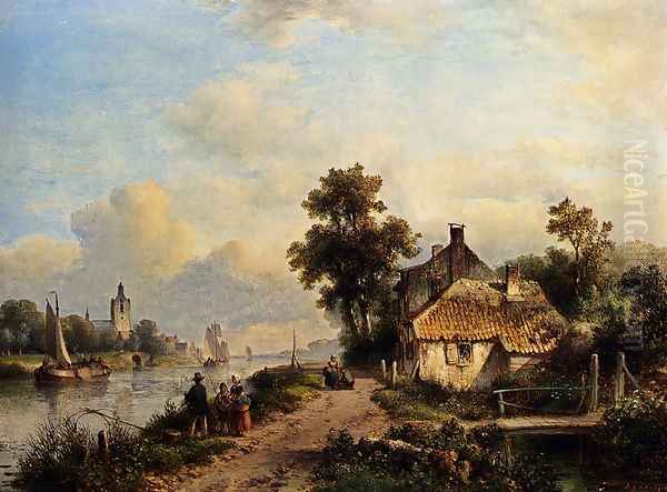 A Summer Landscape With Figures Along A Waterway Oil Painting by Lodewijk Johannes Kleijn