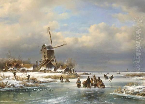 Figures on a frozen river by a windmill Oil Painting by Lodewijk Johannes Kleijn