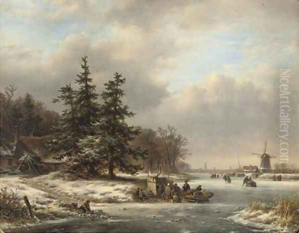 Skaters on the ice with a koek en zopie and Utrecht in the distance Oil Painting by Lodewijk Johannes Kleijn