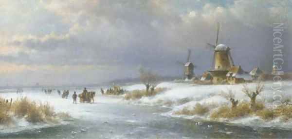 Winter in Holland with a koek en zopie on the ice Oil Painting by Lodewijk Johannes Kleijn