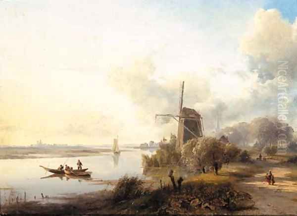 A Dutch canal on a summer evening Oil Painting by Lodewijk Johannes Kleijn