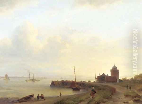 A panoramic river landscape with figures on an embankment and a town in the distance Oil Painting by Lodewijk Johannes Kleijn