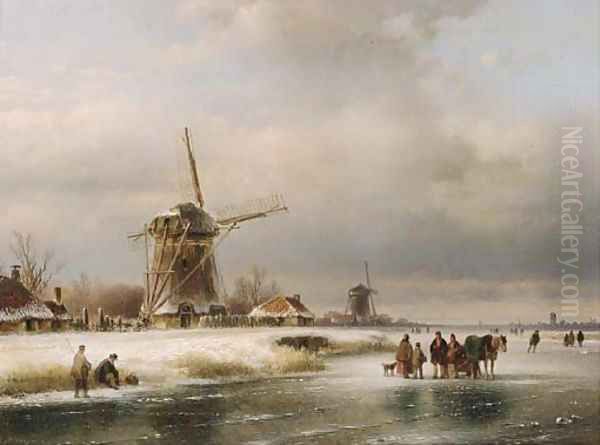 Figures on a frozen waterway with windmills on the river bank Oil Painting by Lodewijk Johannes Kleijn