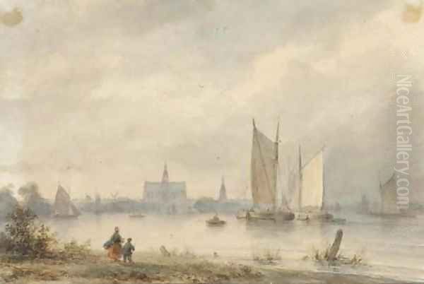 View of Haarlem across the Spaarne with the St. Bavo church in the distance Oil Painting by Lodewijk Johannes Kleijn