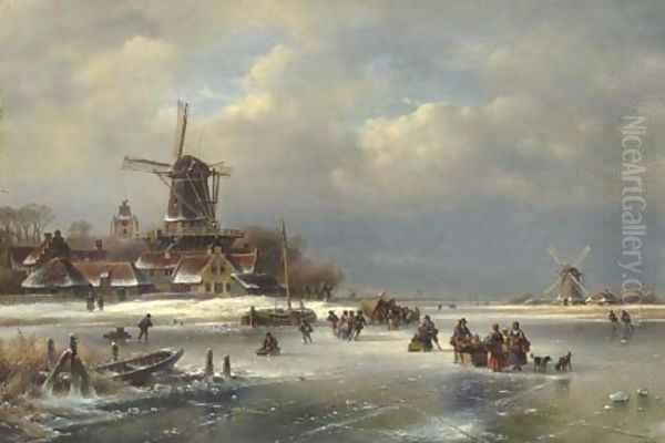 Villagers on a Frozen Waterway Oil Painting by Lodewijk Johannes Kleijn