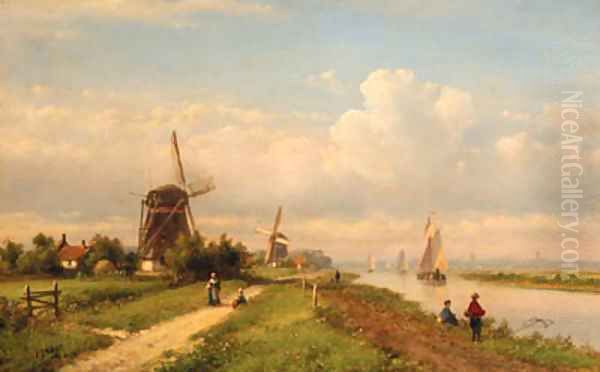 A panoramic summer landscape with fishermen along a canal Oil Painting by Lodewijk Johannes Kleijn