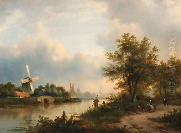 A river landscape in autumn with villagers on a path along the water, a town beyond Oil Painting by Lodewijk Johannes Kleijn