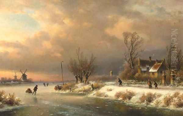 A snow-covered landscape with skaters on a frozen waterway Oil Painting by Lodewijk Johannes Kleijn